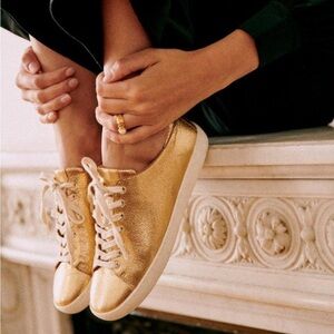 Sezane Gold Jack Sneakers Lace Up Shoes Size 7 Round Toe Skate Flat French Bling